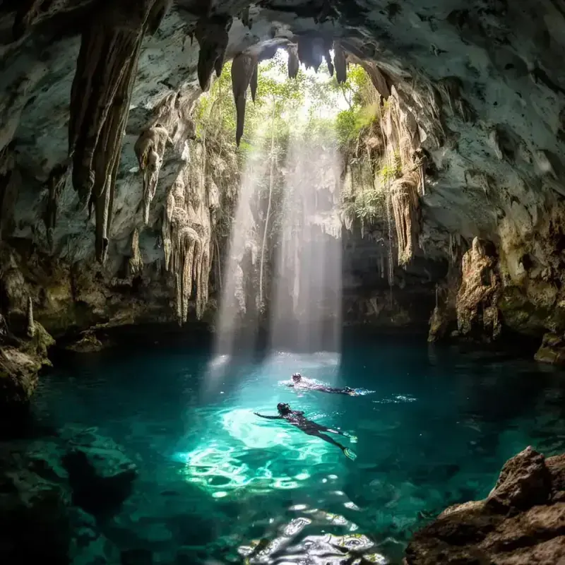 Turquoise open-air cenote swimming hole in the Riviera Maya, Yucatan Mexico