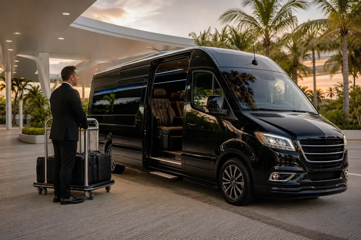 Black Mercedes Sprinter luxury van with chauffeur for long-distance airport transfers