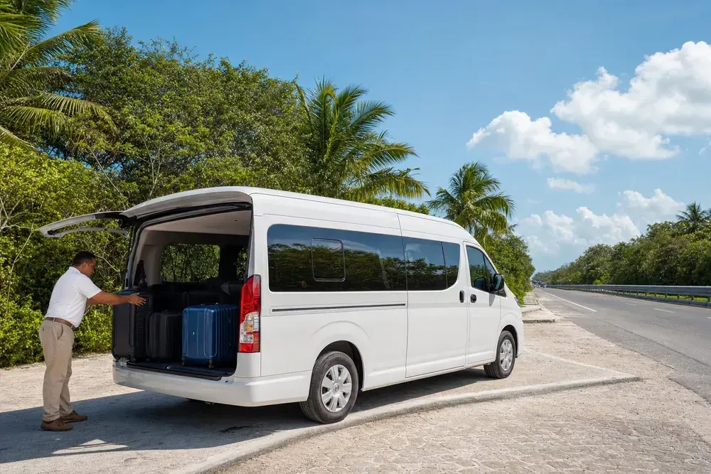 White private transfer van with driver loading luggage — families and small groups