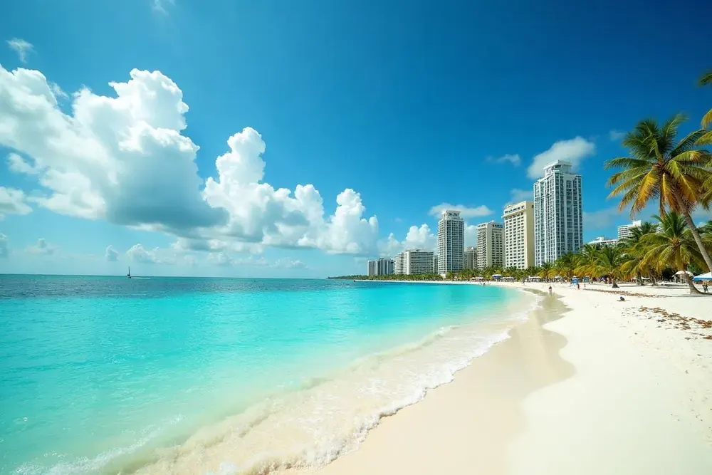 Cancun Hotel Zone beach with turquoise Caribbean water and resort skyline