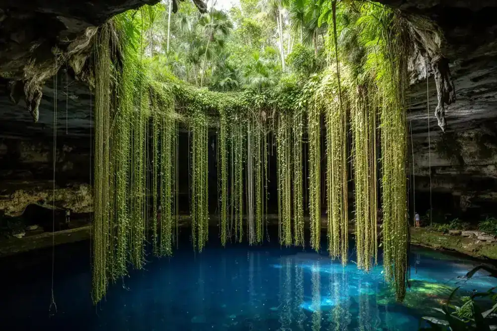 Cenote Oxman near Valladolid and Chichen Itza with hanging vines and open water
