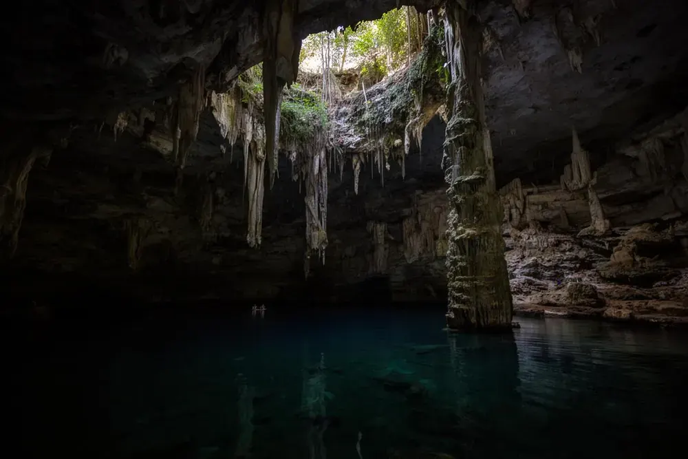 Cenote Suytun cave platform in Yucatan with dramatic natural skylight