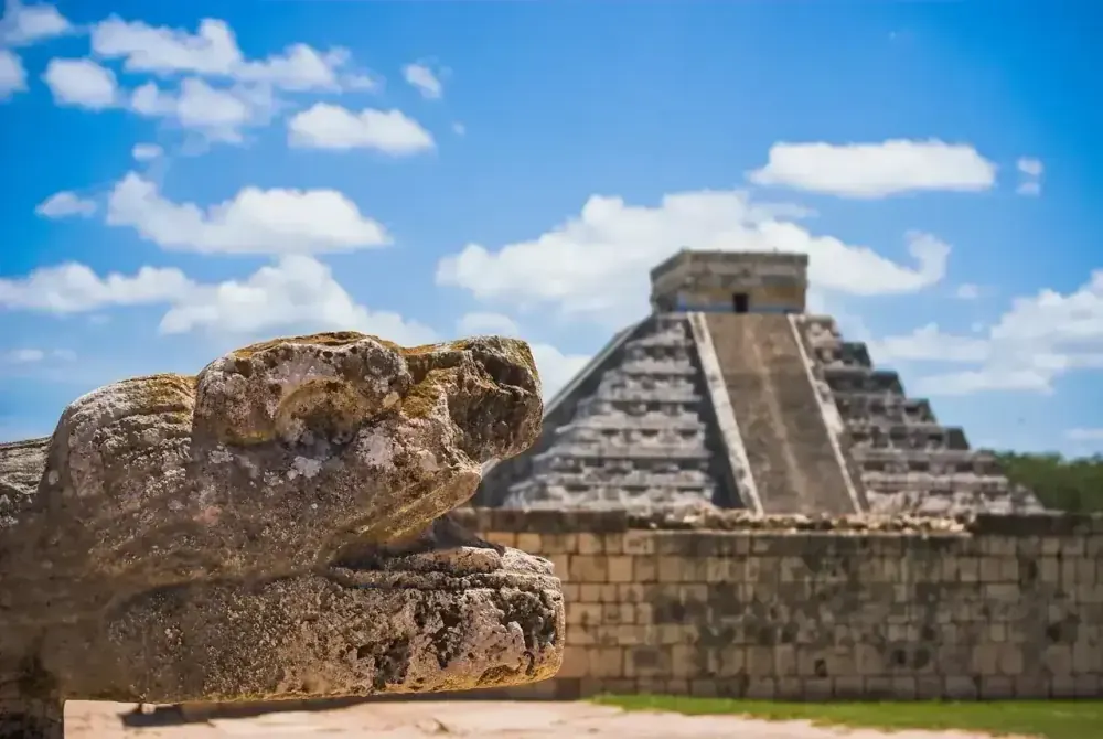 El Castillo pyramid detail at Chichen Itza archaeological zone