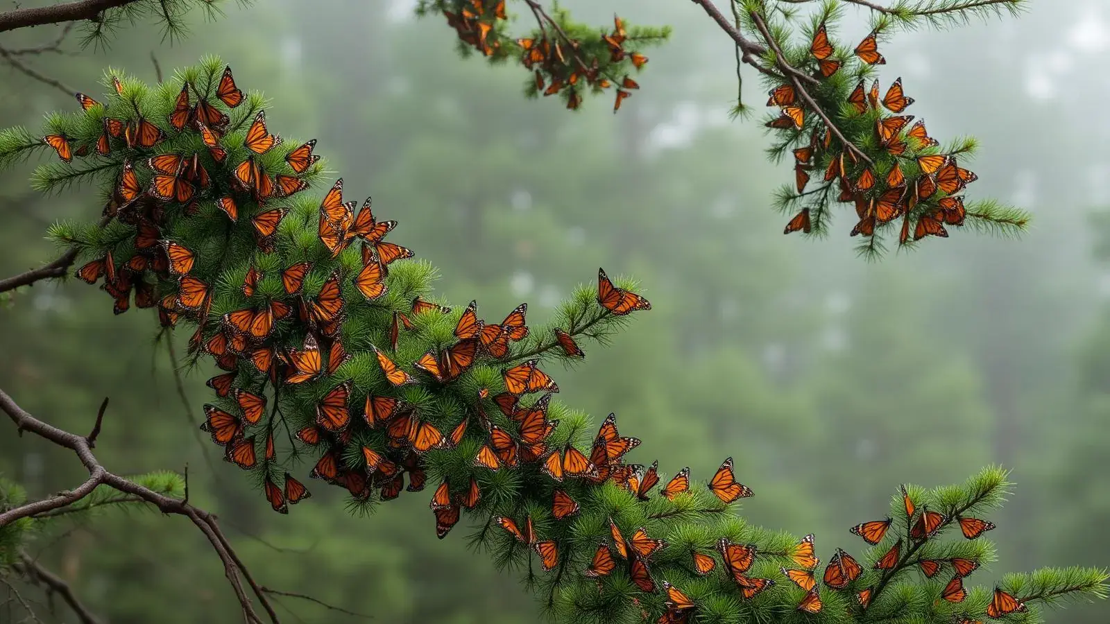 Clusters of monarch butterflies covering oyamel fir branches in a misty Michoacan forest