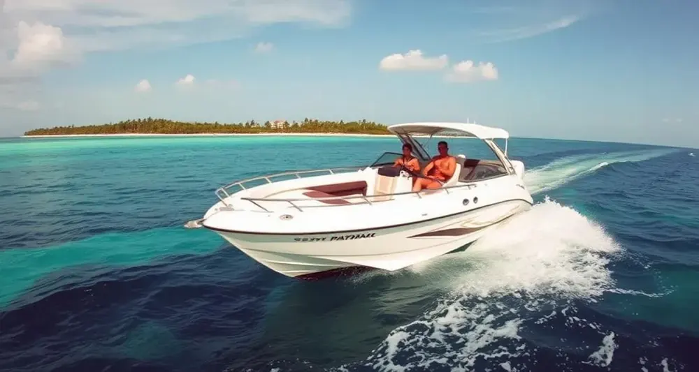Private boat in the open Caribbean sea off Isla Mujeres for whale shark snorkeling