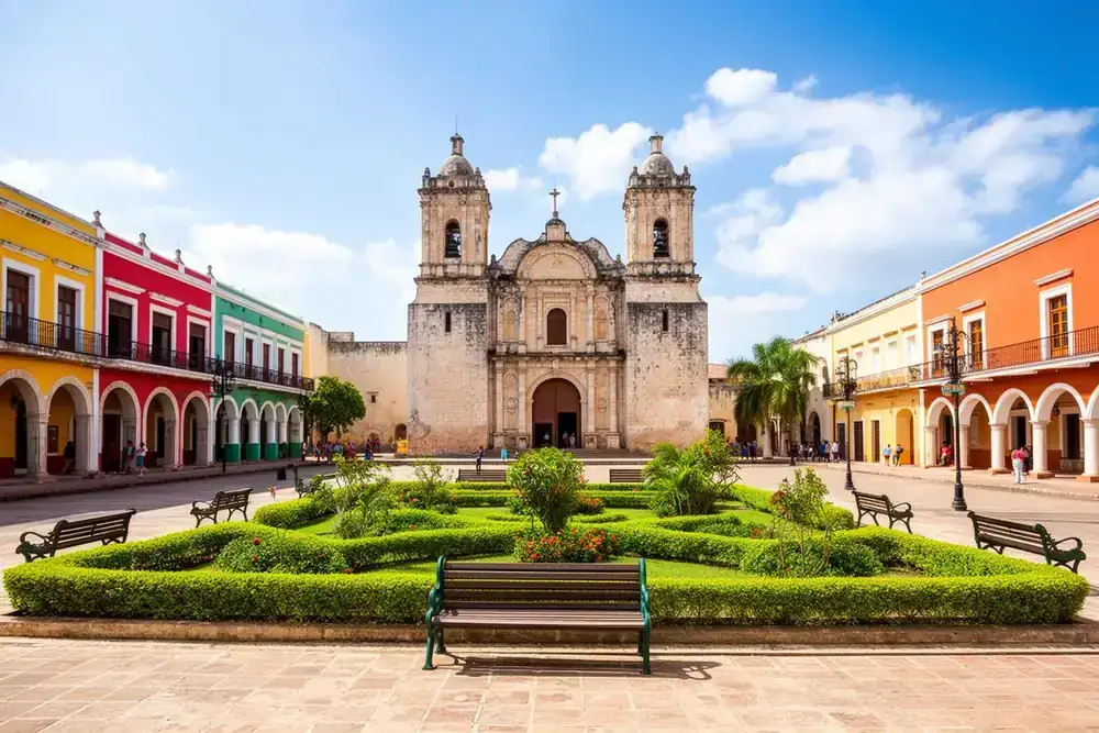 Central plaza and cathedral in Valladolid Yucatan Mexico