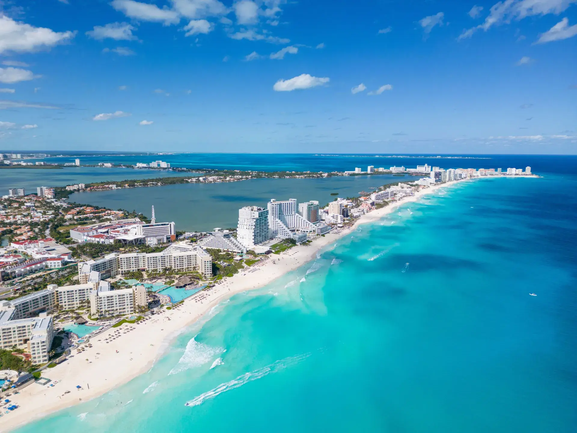 Panoramic aerial view of Cancun Hotel Zone between the lagoon and the Caribbean Sea, Mexico