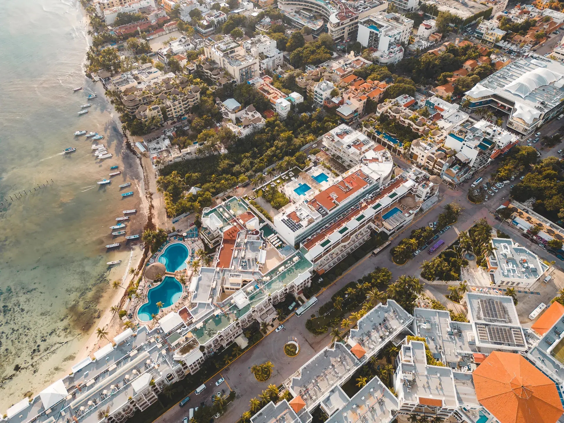 Aerial view of Playa del Carmen town and beachfront, Riviera Maya Mexico